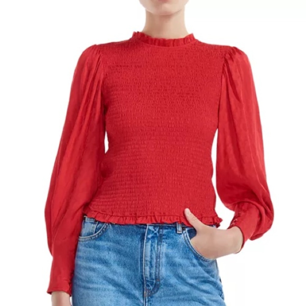 Maje Limine Smocked & Tonal Animal-Print Top in Red